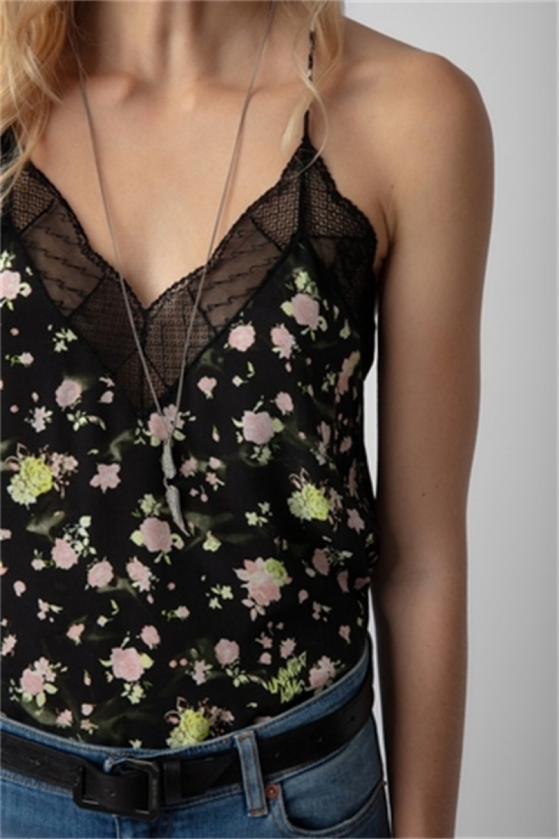 Black Zadig And Voltaire Christy Soft Crinkle Roses Top | ZV-256323