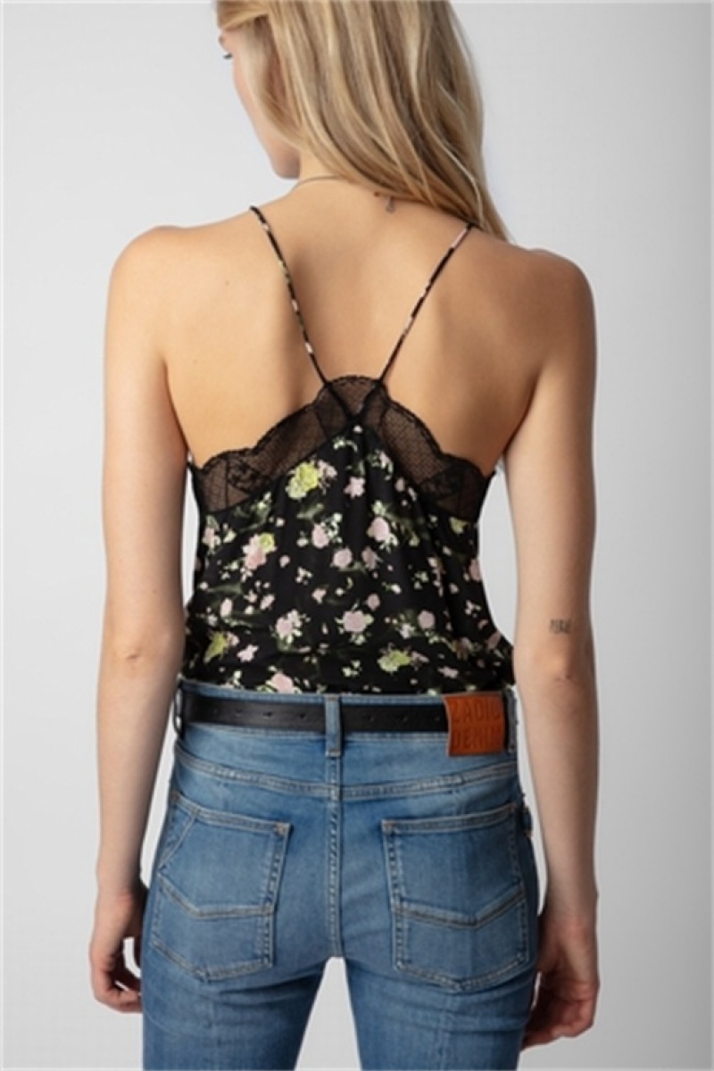 Black Zadig And Voltaire Christy Soft Crinkle Roses Top | ZV-256323