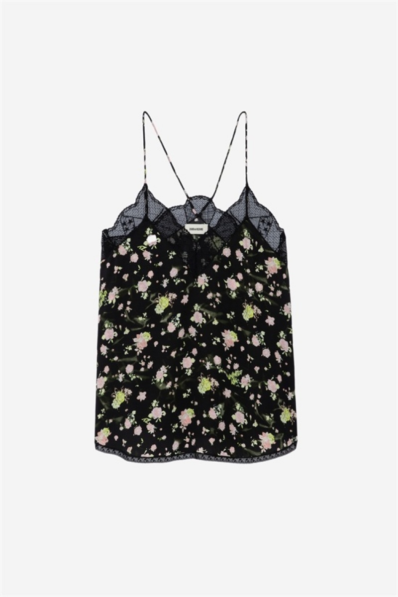 Black Zadig And Voltaire Christy Soft Crinkle Roses Top | ZV-256323