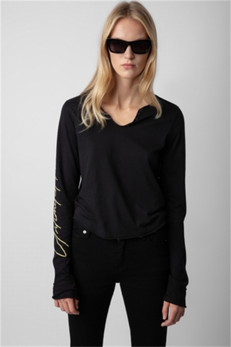 Black Zadig And Voltaire Crop Concert Crush Henley Top | ZV-256272