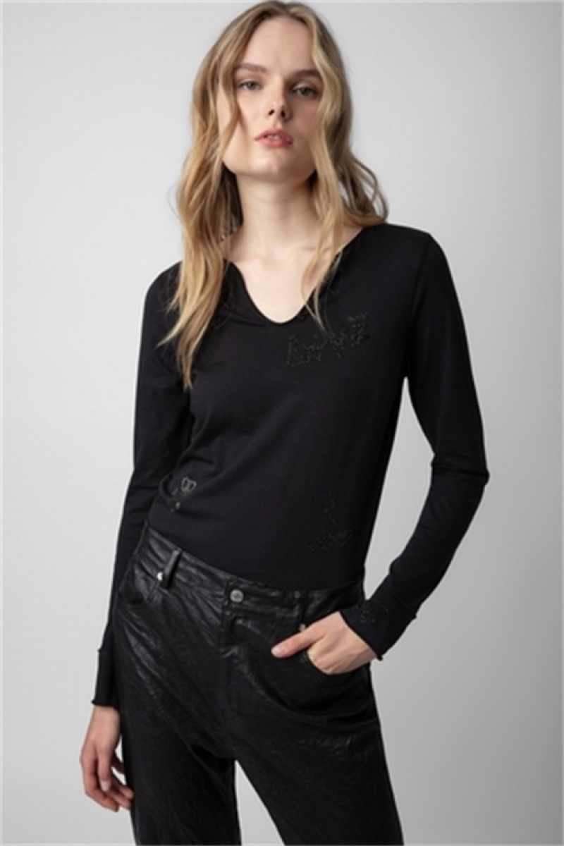 Black Zadig And Voltaire Diamante Henley T-shirt | ZV-256284