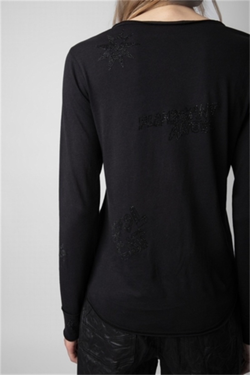 Black Zadig And Voltaire Diamante Henley T-shirt | ZV-256284