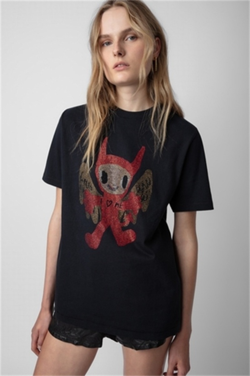 Black Zadig And Voltaire Edwin Devil Diamante T-shirt | ZV-256283