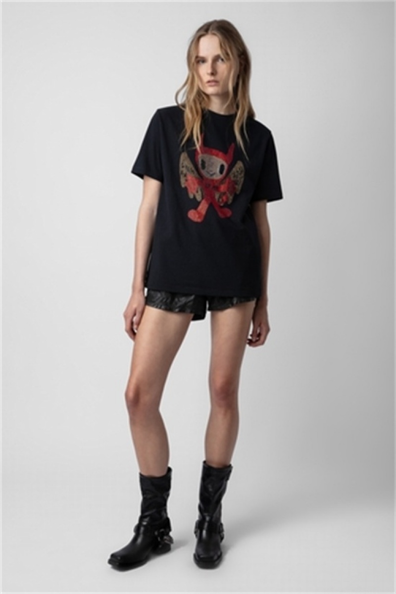 Black Zadig And Voltaire Edwin Devil Diamante T-shirt | ZV-256283