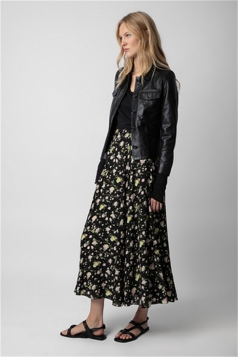 Black Zadig And Voltaire Joyo Soft Crinkle Roses Skirt | ZV-256380