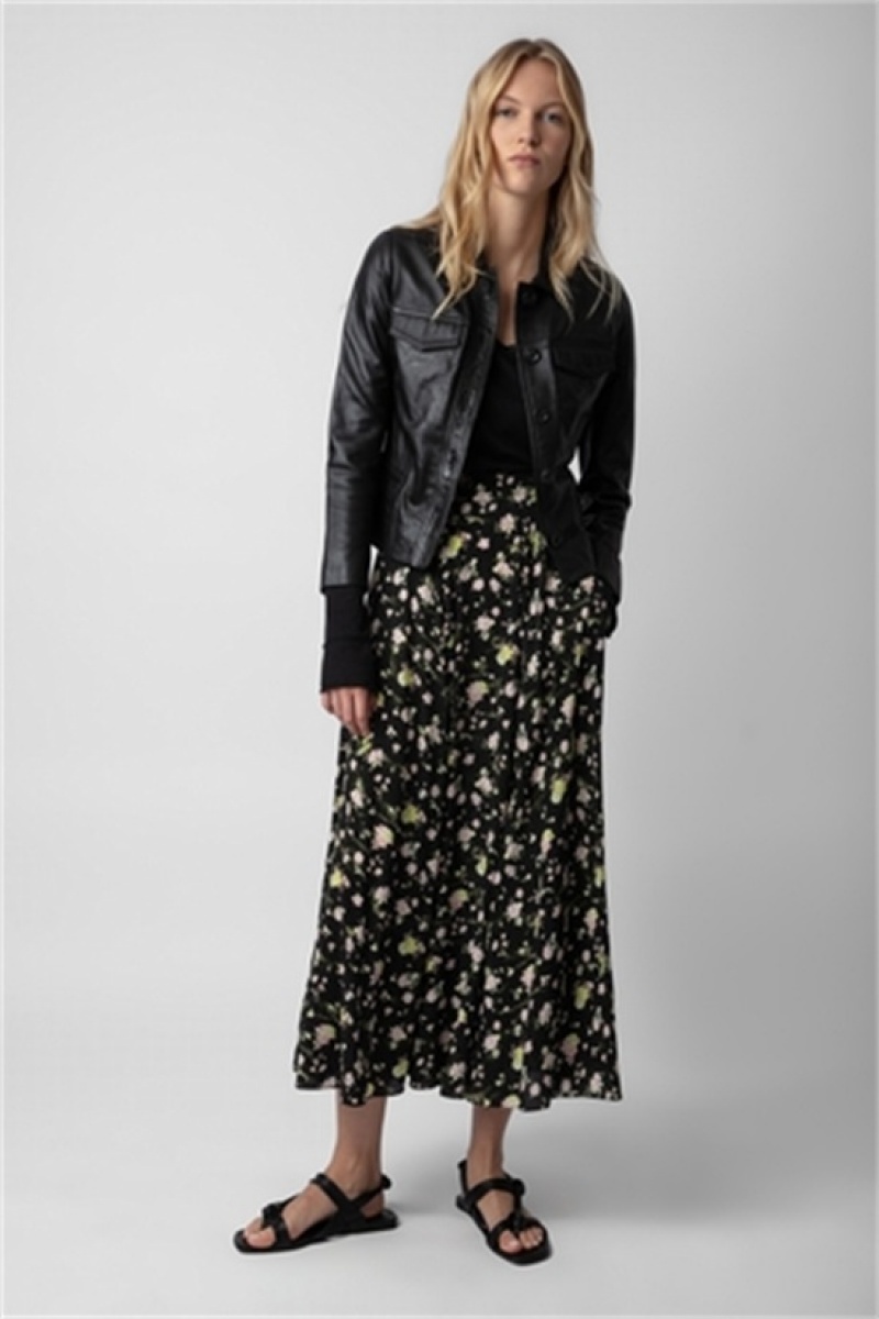 Black Zadig And Voltaire Joyo Soft Crinkle Roses Skirt | ZV-256380