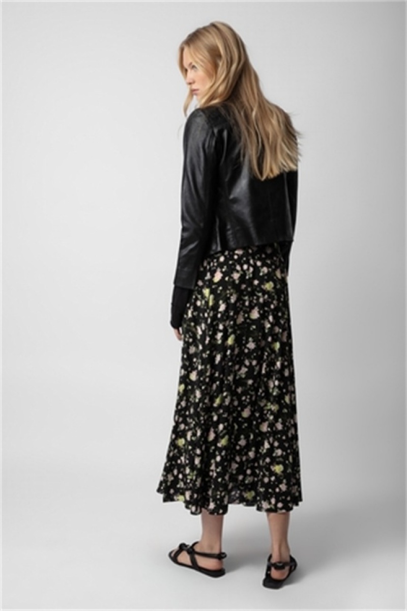 Black Zadig And Voltaire Joyo Soft Crinkle Roses Skirt | ZV-256380