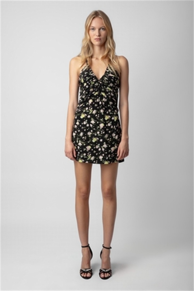 Black Zadig And Voltaire Randa Soft Crinkle Roses Dress | ZV-256383