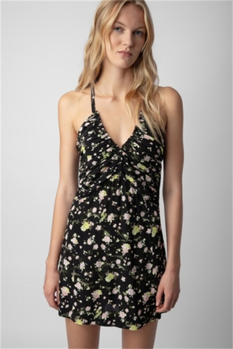 Black Zadig And Voltaire Randa Soft Crinkle Roses Dress | ZV-256383