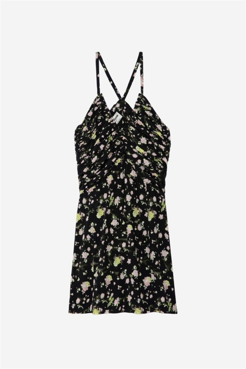 Black Zadig And Voltaire Randa Soft Crinkle Roses Dress | ZV-256383