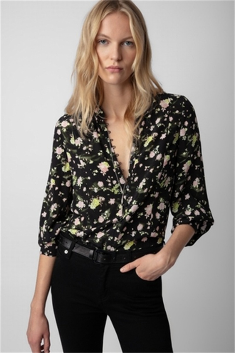 Black Zadig And Voltaire Twina Soft Roses Shirt | ZV-256322