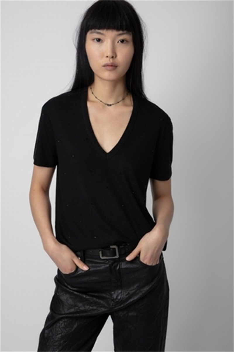 Black Zadig And Voltaire Wassa Diamante T-shirt | ZV-256263