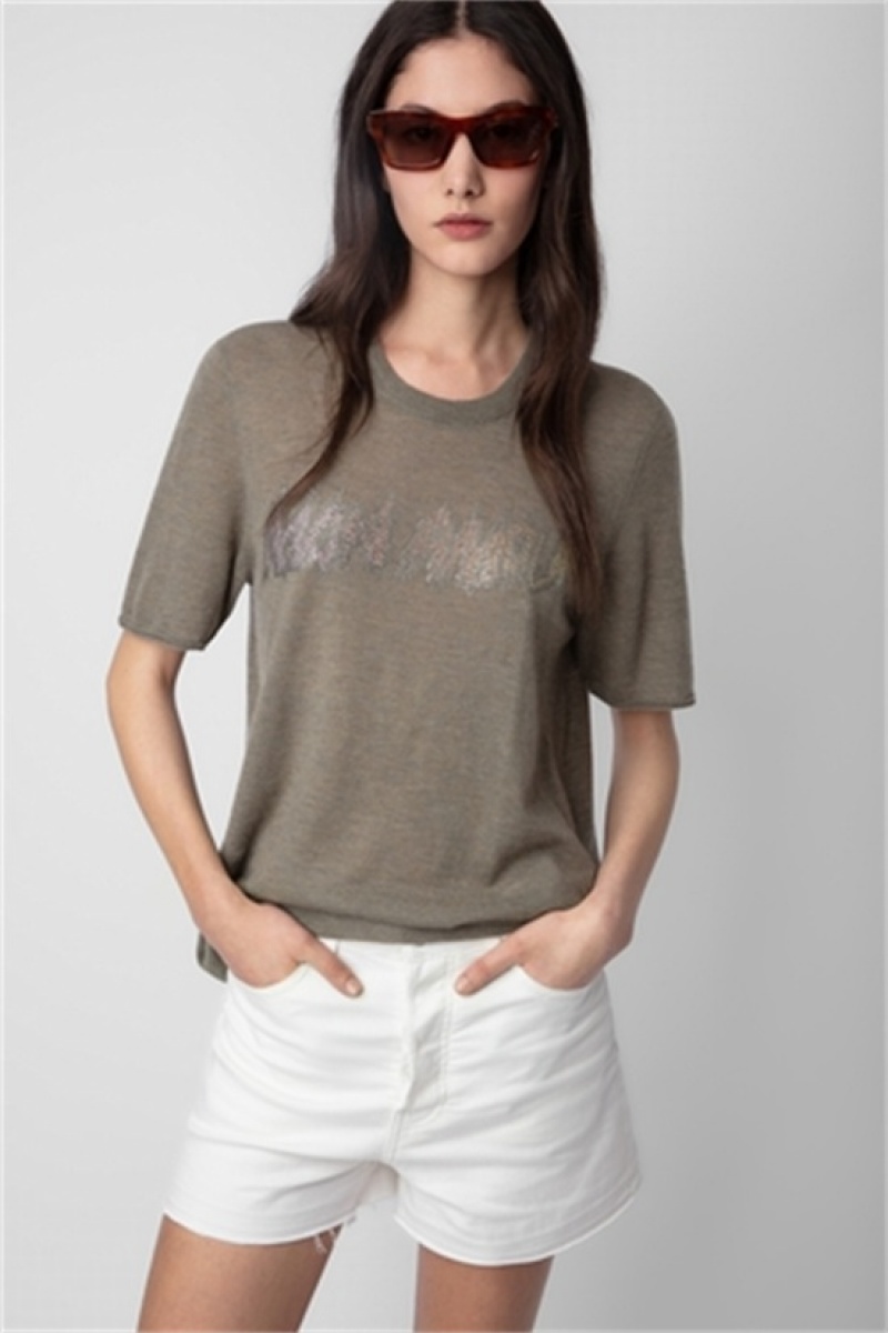 Kaki Clair Zadig And Voltaire Ida Amour Cashmere Tee | ZV-256443