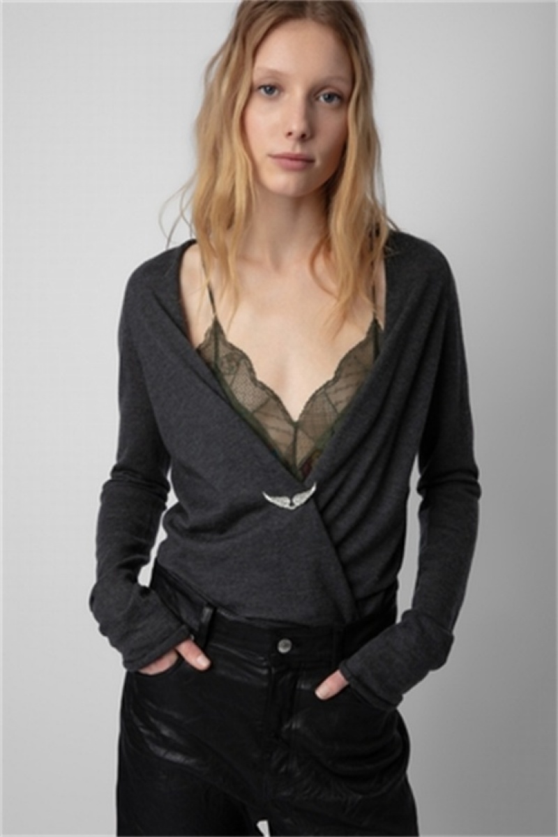 Kaki Slate Zadig And Voltaire Daffy Wings Cashmere Cardigan | ZV-256438