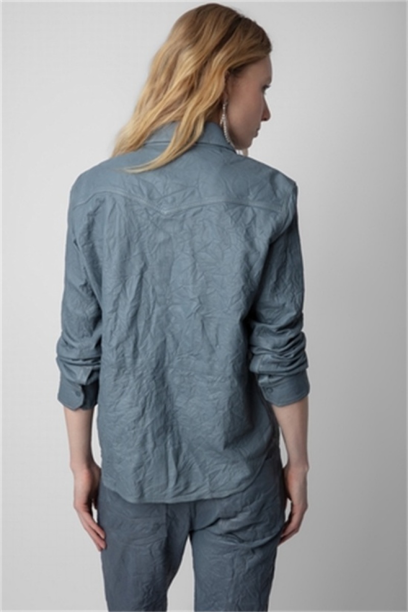 Light Blue Zadig And Voltaire Thelma Crinkled Leather Shirt | ZV-256332