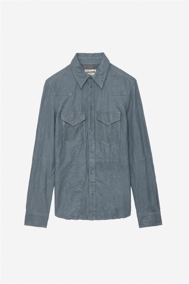 Light Blue Zadig And Voltaire Thelma Crinkled Leather Shirt | ZV-256332