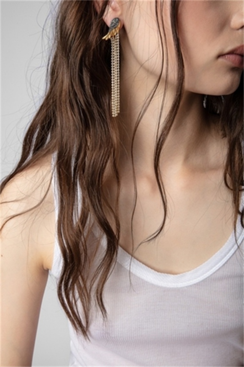 Old Gold Zadig And Voltaire Rock Feather Earrings | ZV-255874