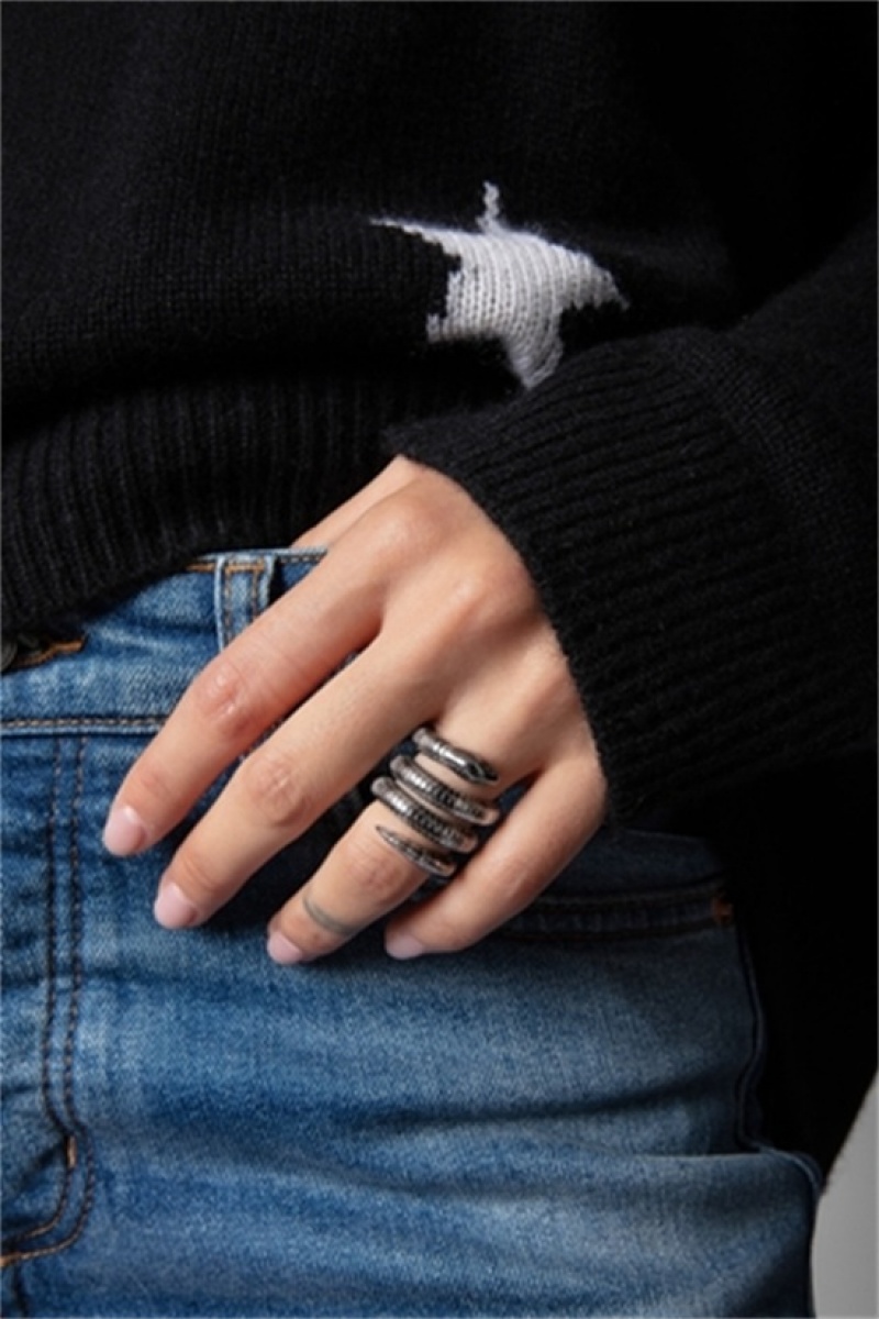 Shiny Silver Zadig And Voltaire Double Snake Ring | ZV-255884